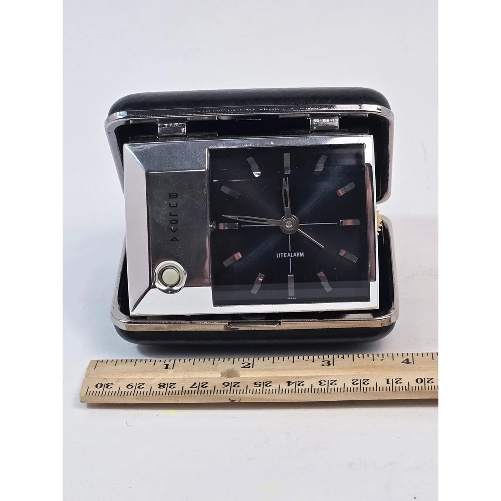 Vintage Bulova Litealarm Travel Clock Folding Wind Up Alarm Japan Black Case